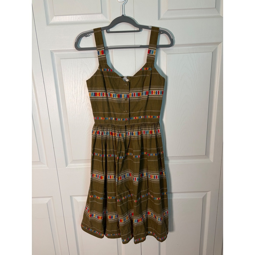Vintage Coco California Olive‎ Brown Multi Color Stripe Button Front Sun Dress